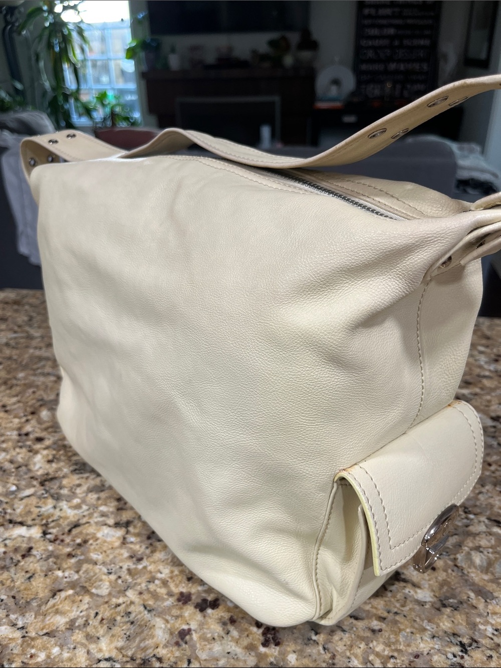 Marc Jacobs Cream Leather Shoulder Bag with Top Zip and buckle side pockets